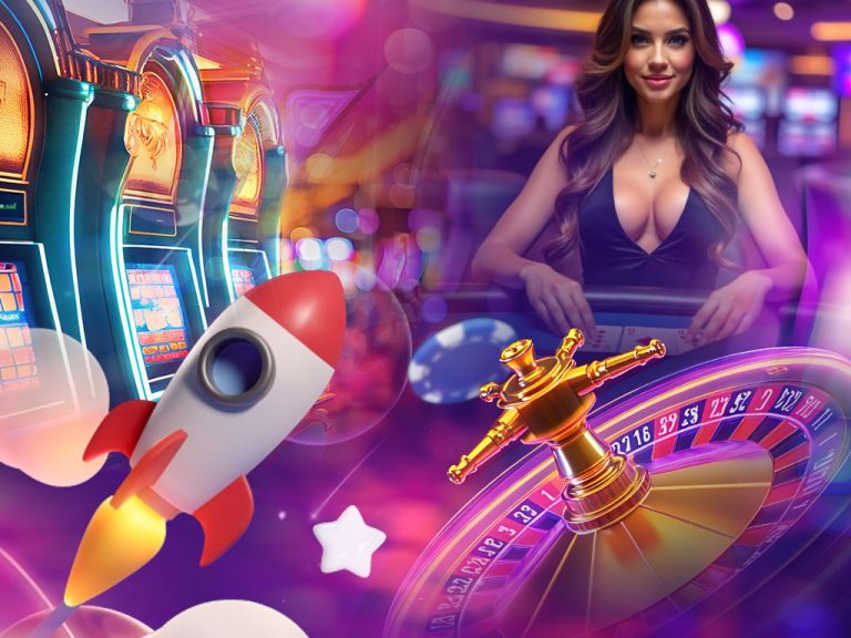 Composición vibrante de casino en línea que incluye máquinas tragamonedas iluminadas, un cohete animado despegando, una ruleta dorada girando y una crupier profesional en acción, representando la variedad de juegos y emociones que ofrece el casino.